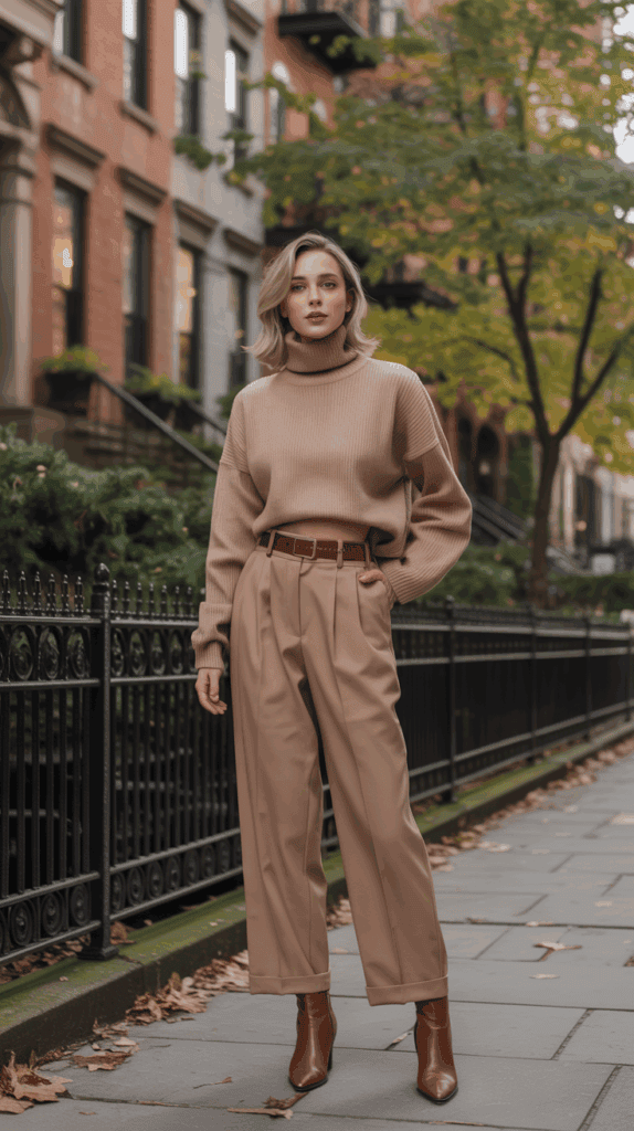 Petite fall fashion outfit with high-waisted trousers and tucked-in sweater to elongate the legs