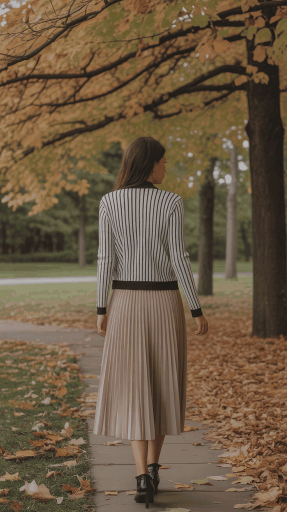 Petite fall outfit with vertical stripes and pleats, creating a lengthening effect for a flattering seasonal look