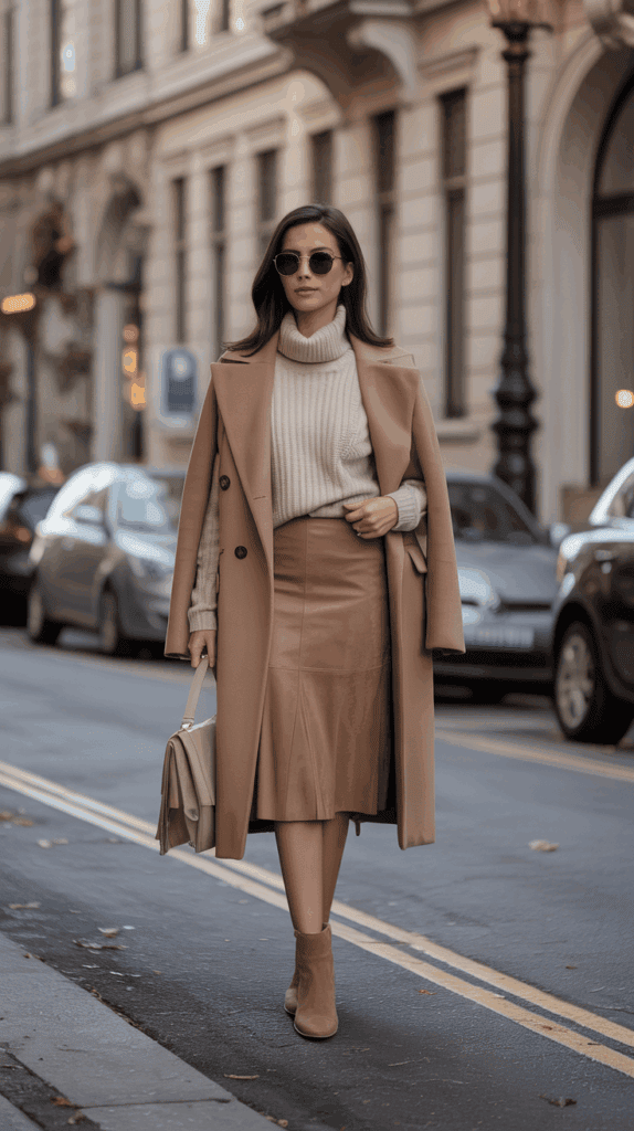 Petite woman in tonal camel and beige fall outfit styled monochromatically for an elongated silhouette