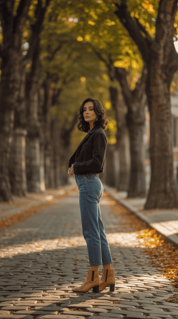 Petite fall outfit with ankle boots and cropped jeans styled to elongate legs