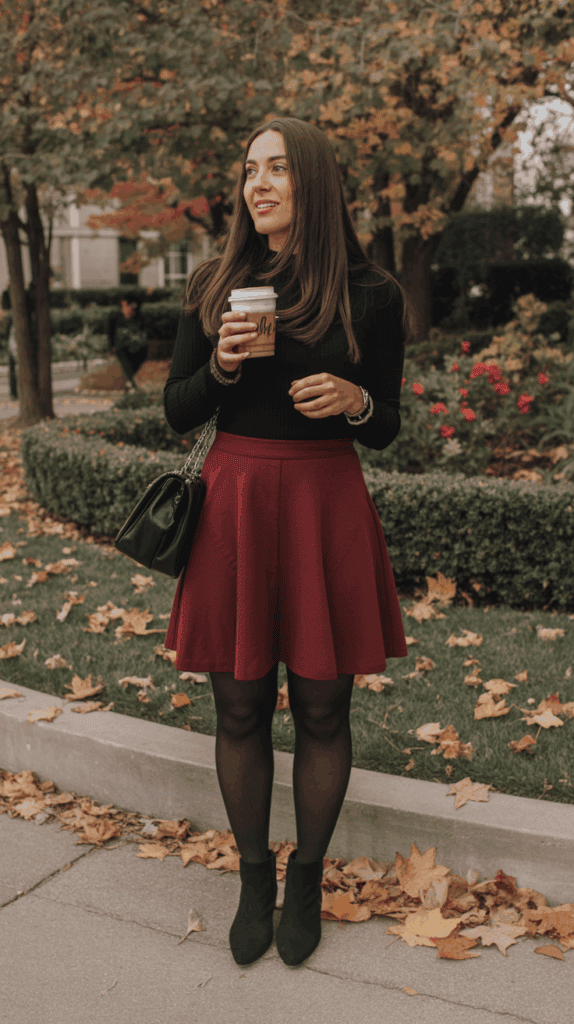 Petite fall outfit featuring a short burgundy skirt with tights and boots, flattering leg length for petites