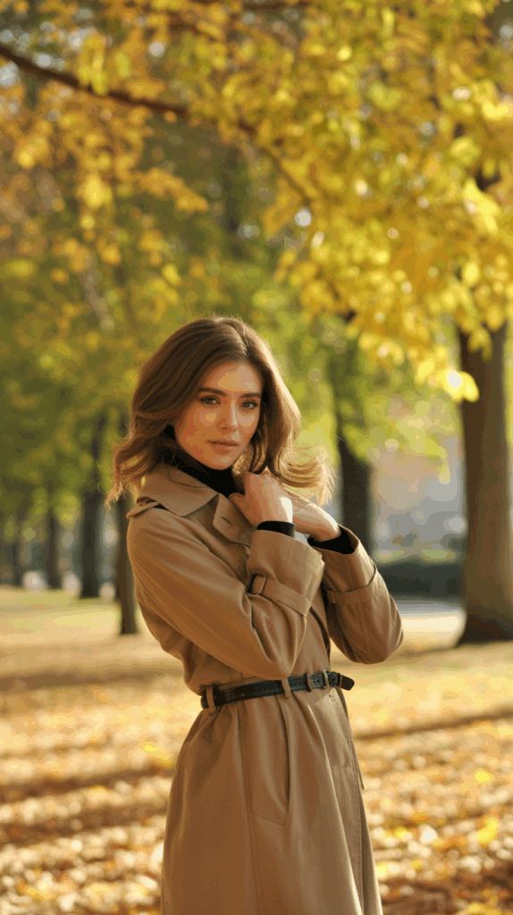 Petite woman in belted trench coat styled for fall to define waistline and enhance proportions