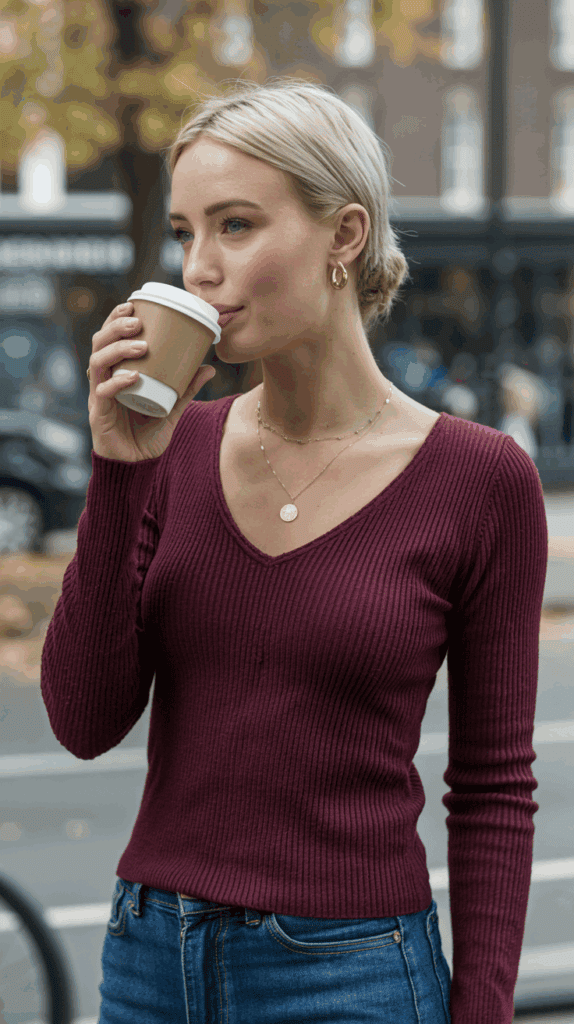 Petite woman in V-neck sweater with delicate necklace, fall outfit idea that elongates the torso
