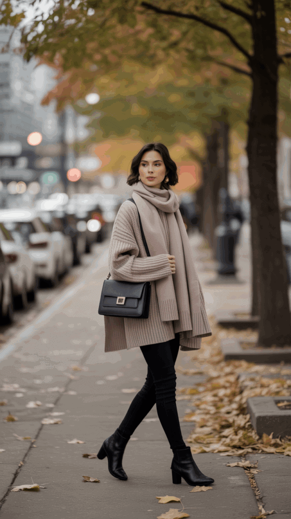 Petite fall fashion outfit with proportionate accessories like crossbody bag and slim scarf