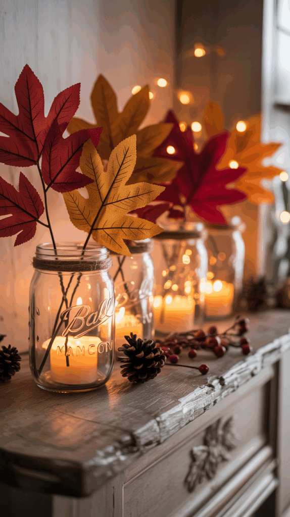 Mason jars wrapped in fall leaves with twine, glowing as rustic candle holders.