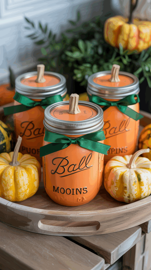 Painted orange pumpkin mason jars with green ribbon stems displayed on a rustic tray.
