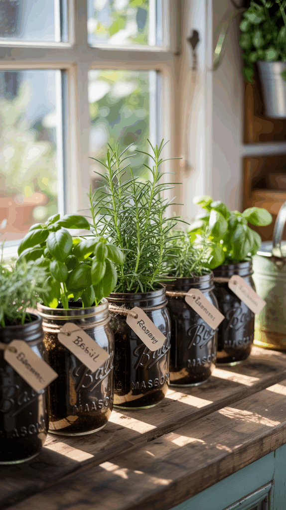 Mason jar herb planters lined on a kitchen windowsill with green herbs.