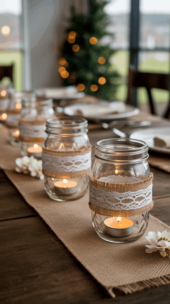 Burlap-wrapped mason jars with lace glowing as rustic farmhouse lanterns.