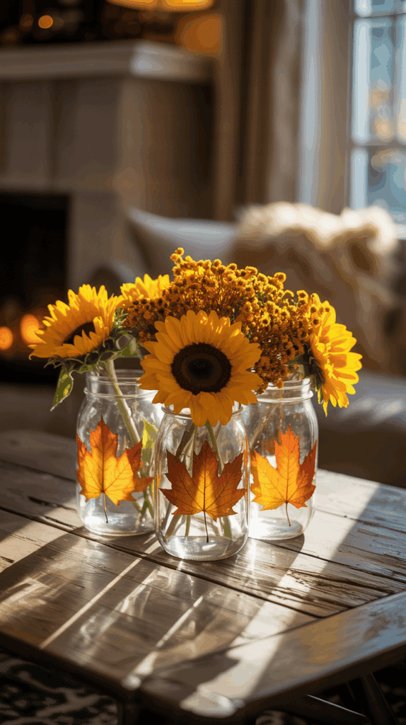 Mason jars with leaf designs filled with sunflowers and mums as fall vases.