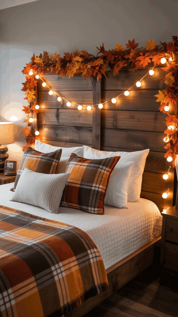Warm string lights draped across a rustic wooden headboard with autumn leaf garland