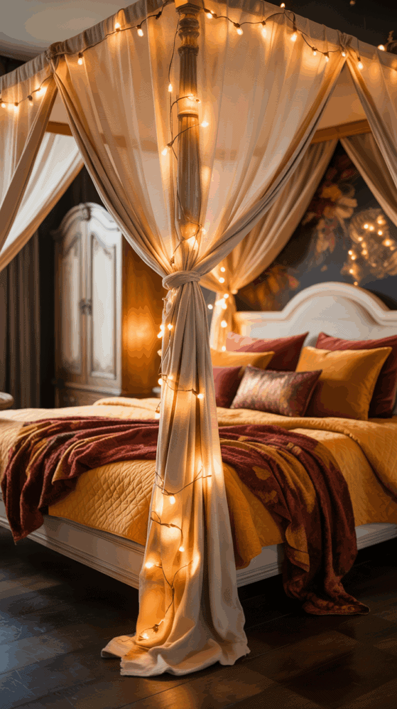 Canopy bed posts wrapped with copper wire string lights, creating a cozy autumn glow