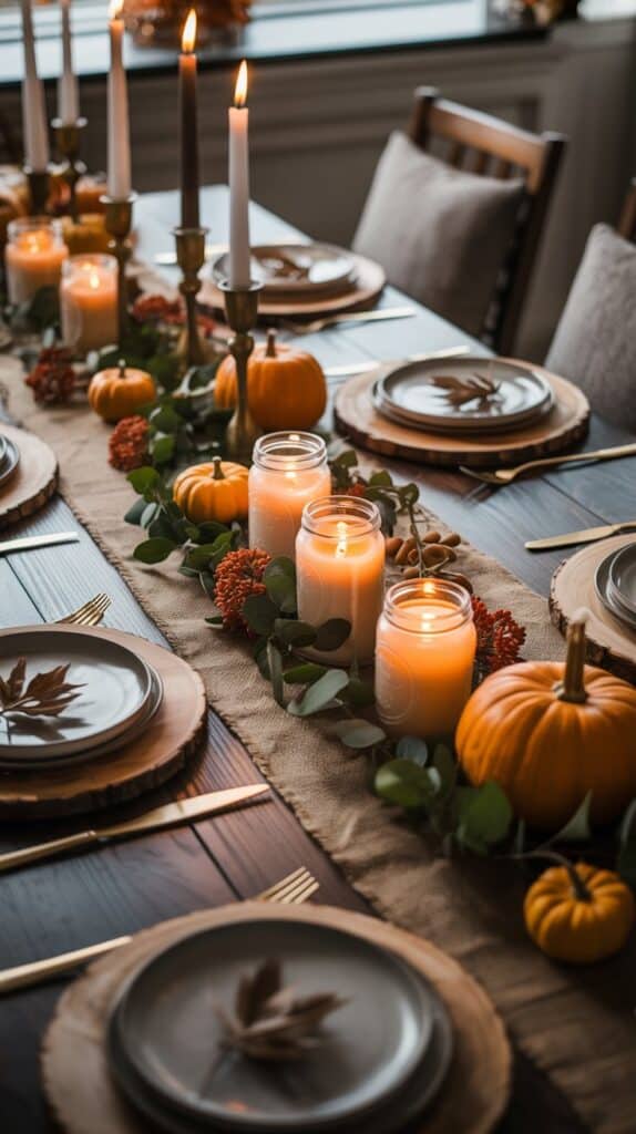 Rustic fall tablescape with burlap runner, wooden chargers, pumpkins, and mason jar candles