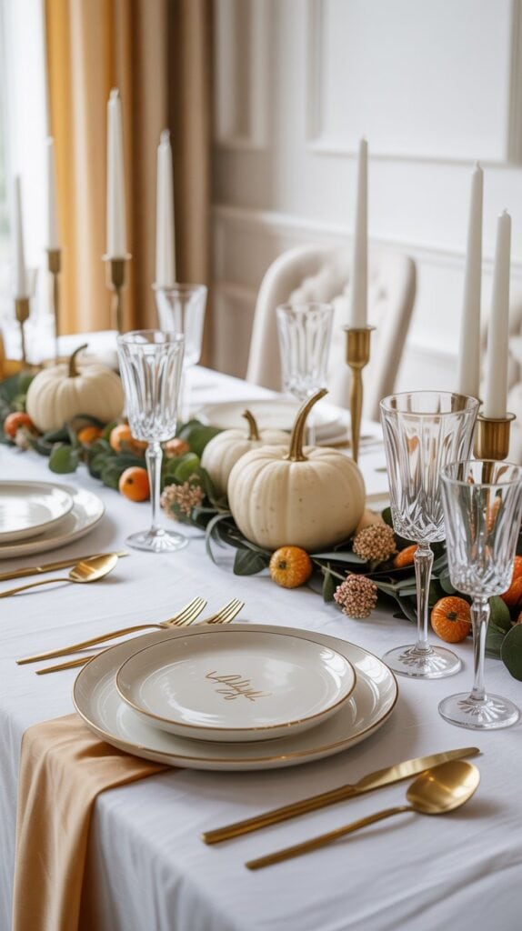 Elegant fall table setting in white and gold with pumpkins, candlesticks, and crystal glasses