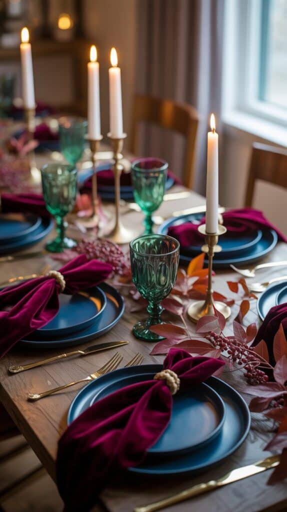 Moody fall tablescape with jewel-tone accents, brass candlesticks, and velvet textures