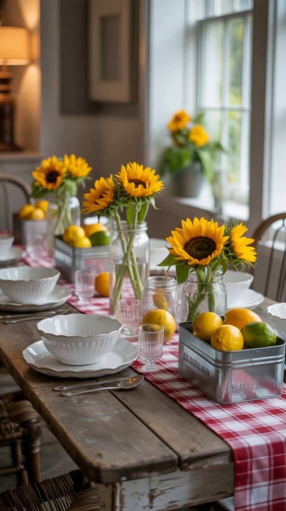 Farmhouse fall table with plaid runner, white dishes, and sunflower centerpieces