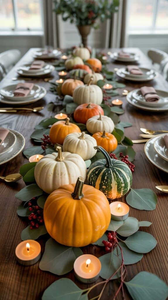 Fall tablescape with assorted pumpkins, eucalyptus greenery, and tea light candles