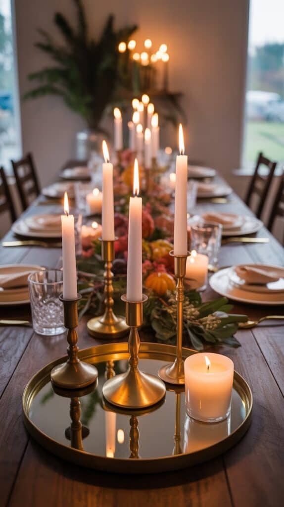 Fall candlelit tablescape with brass and glass holders creating a cozy glow