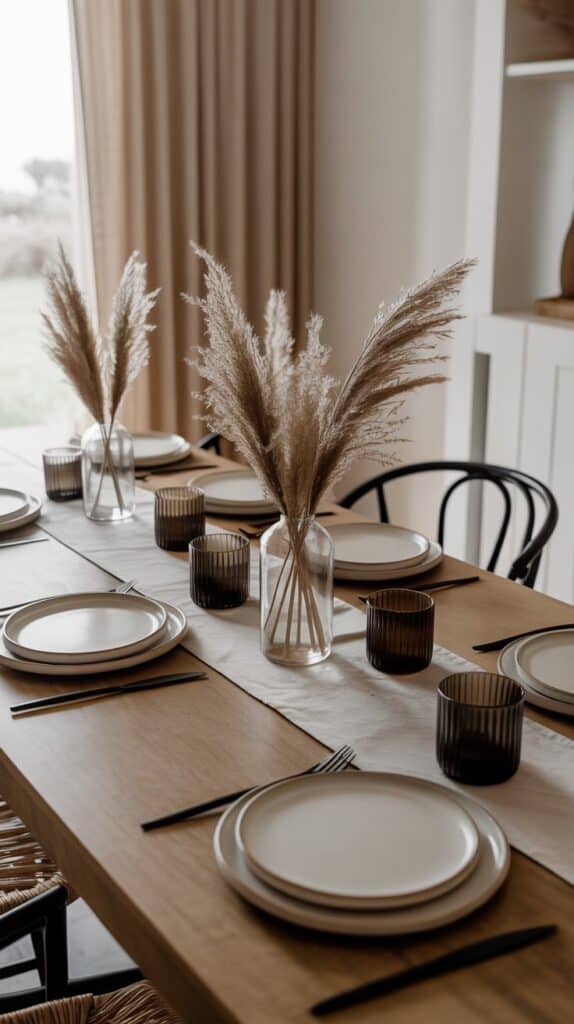 Minimalist fall tablescape with beige linens, black flatware, and pampas grass