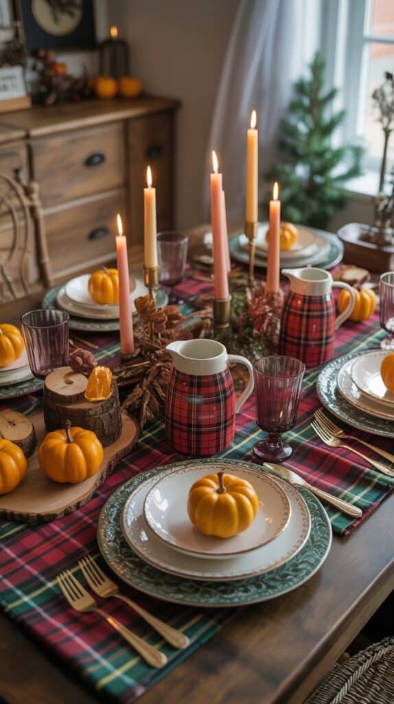 Cozy plaid fall tablescape with flannel napkins and hot cider accents