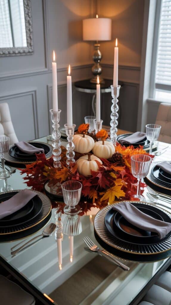 Modern glam fall table setting with mirrored chargers and crystal candle holders