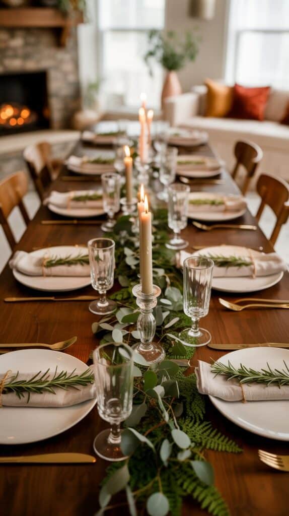 Green nature-inspired fall table with foliage runner and herb napkin rings