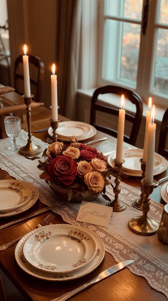 Vintage fall tablescape with antique china, lace runner, and brass candlesticks