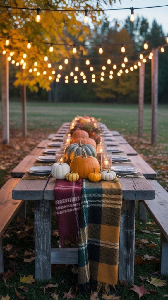 Outdoor fall tablescape with pumpkins, plaid throws, and string lights