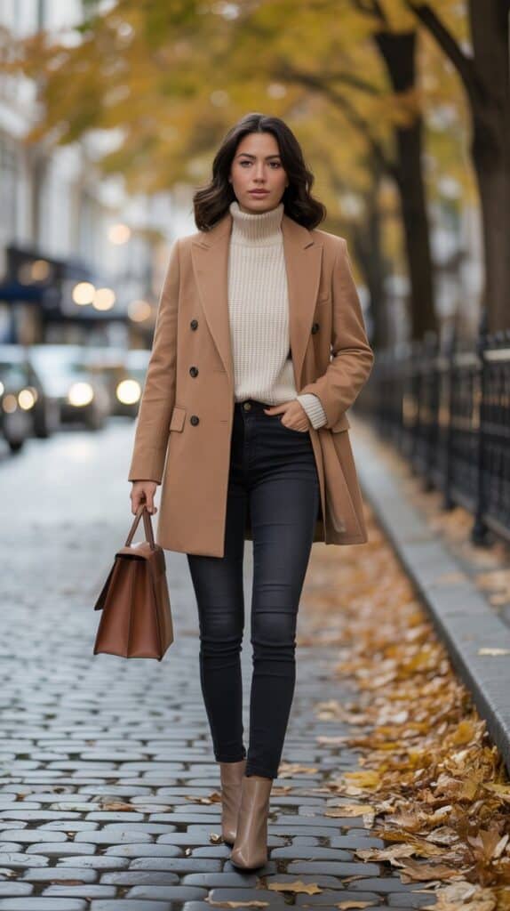 Woman in camel coat and dark denim styled with ankle boots, walking through an autumn city street.