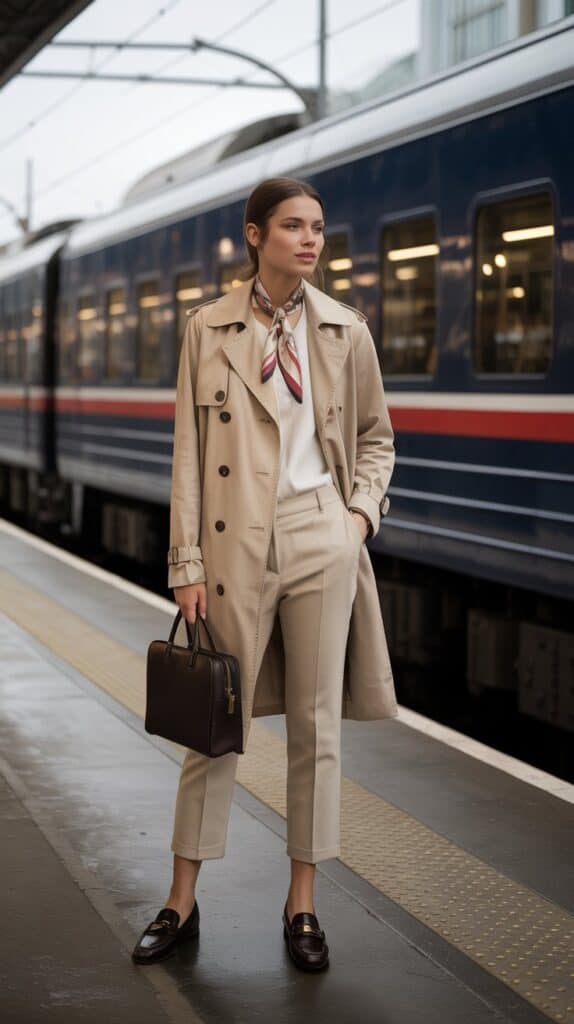 Woman in beige trench coat with cropped trousers and loafers