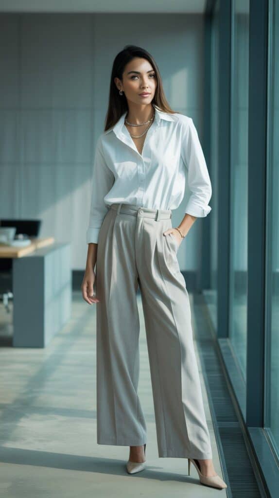 Classic fall outfit with white shirt and tailored wide-leg pants