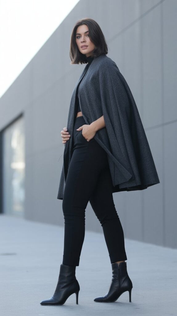 Long wool cape layered with slim pants for an elegant fall look