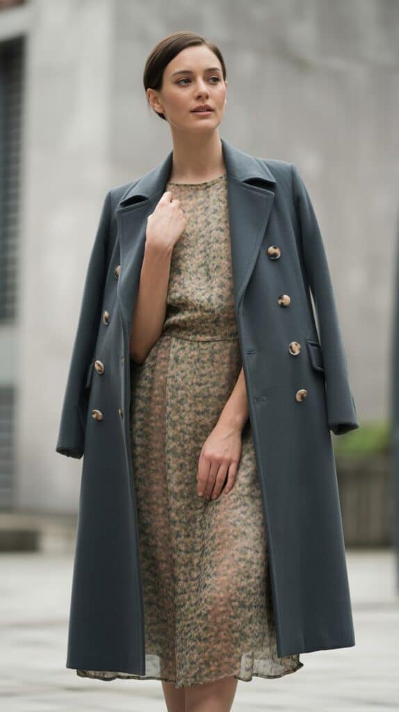 Double-breasted coat styled with midi dress for elegant fall outfit