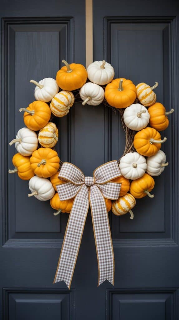 DIY classic fall wreath made with mini pumpkins and ribbon on a front door