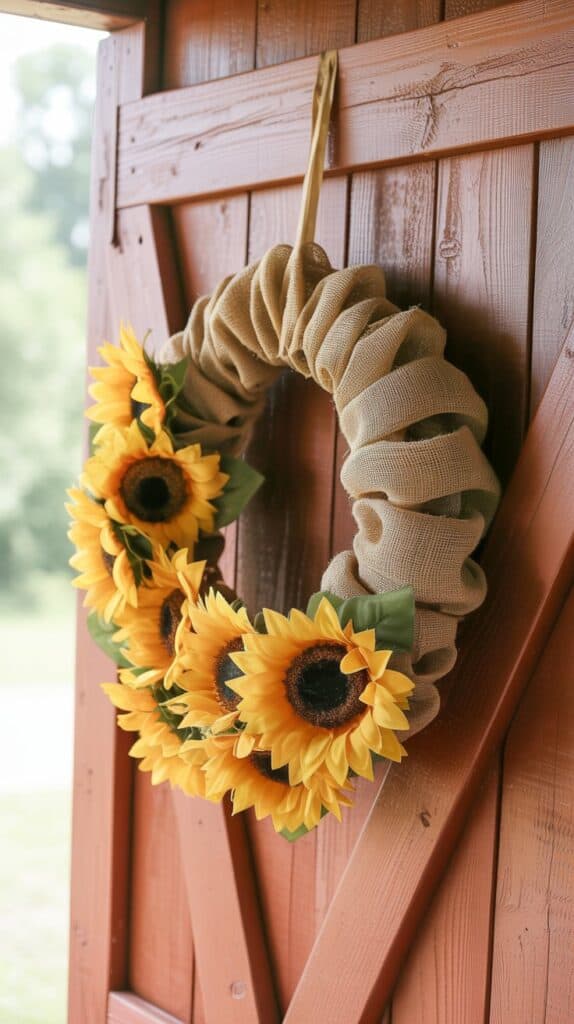 Handmade burlap fall wreath decorated with bright sunflowers for farmhouse décor