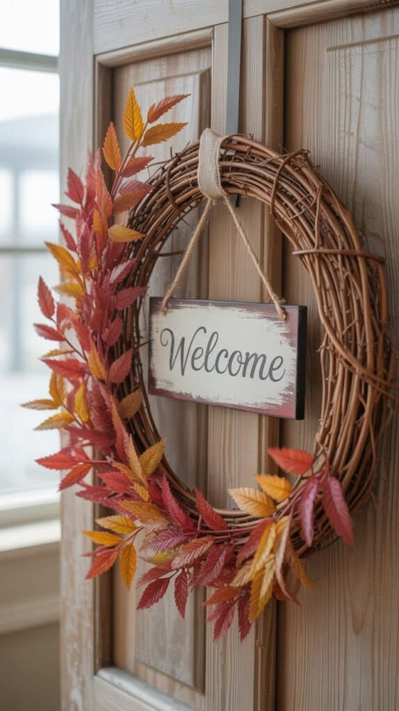 DIY grapevine wreath with colorful fall leaves in red, orange, and yellow