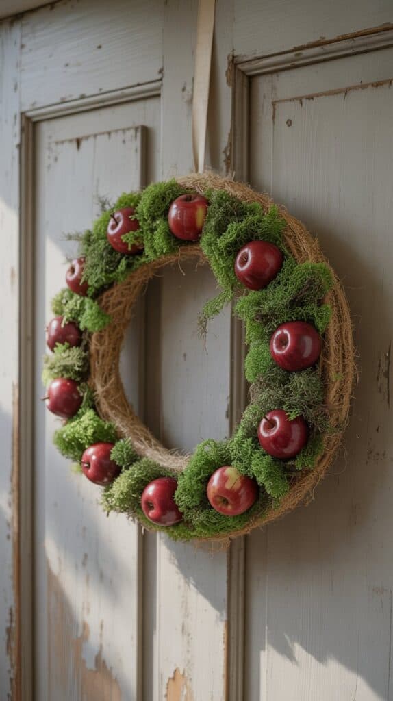 Homemade fall wreath decorated with moss and faux apples