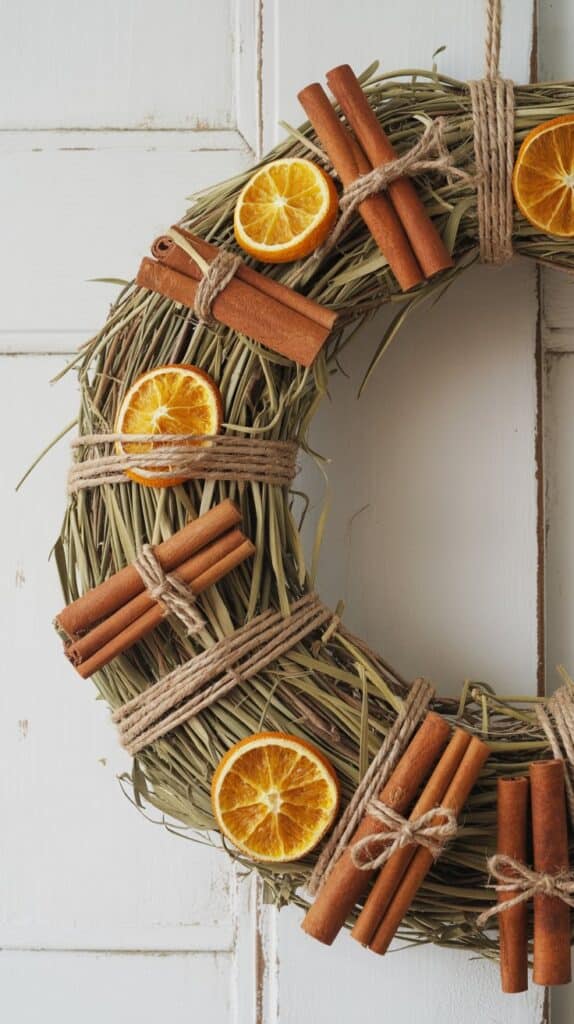 DIY cinnamon stick wreath with twine and dried fruit for fall décor