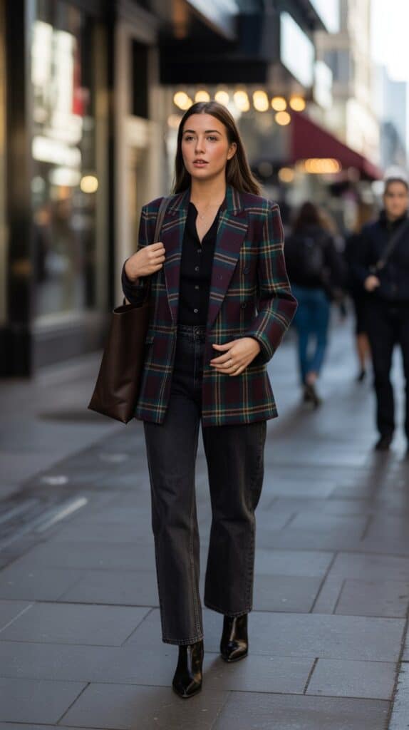 Dark wash jeans styled with plaid blazer for fall