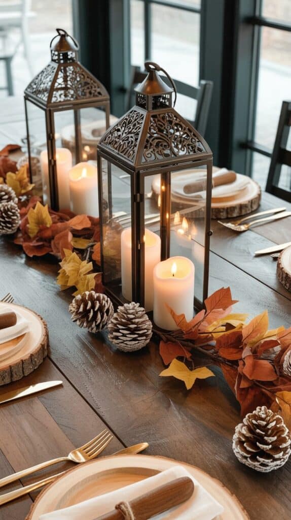 Fall table decorated with bronze lanterns, pillar candles, autumn leaves, pinecones, and wood chargers for rustic elegance