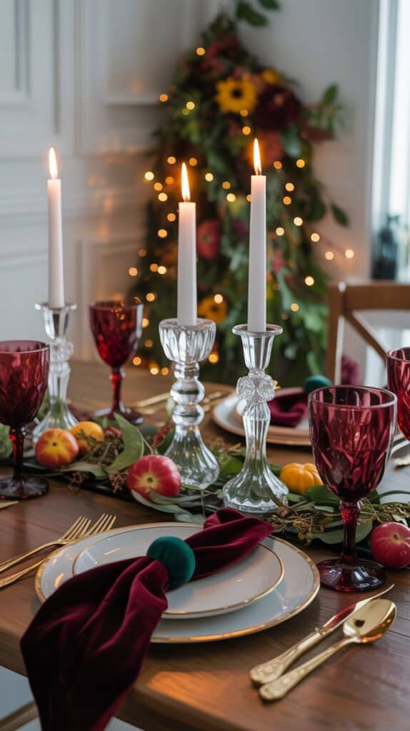 Upscale fall tablescape with crystal candle holders, velvet jewel-tone napkins, and burgundy wine glasses