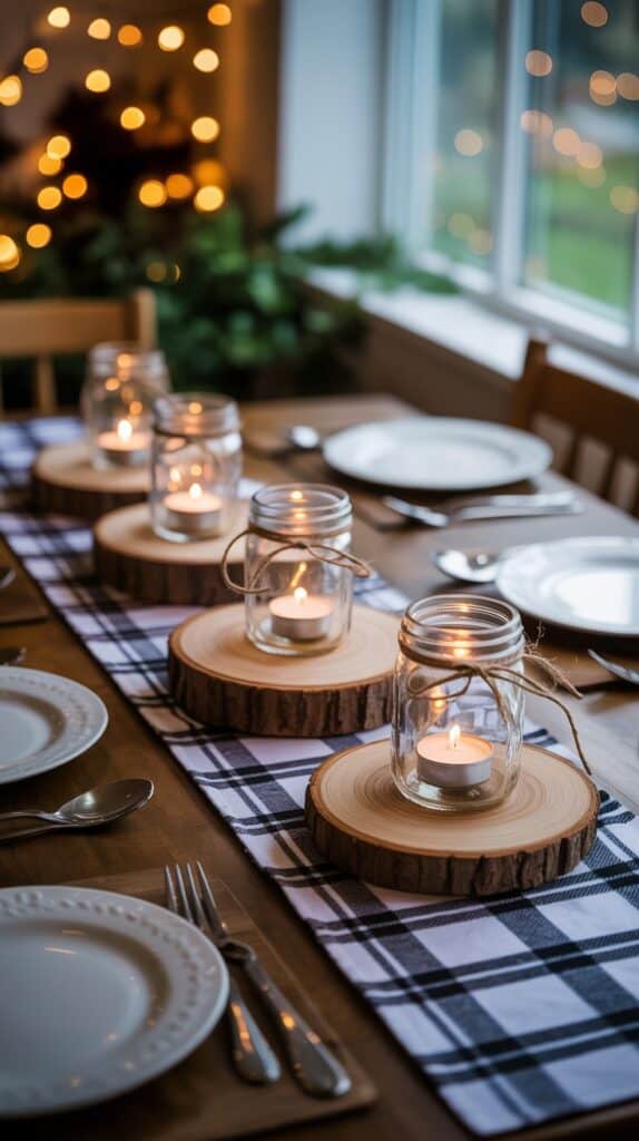 Rustic fall table decorated with glowing mason jar candles on wood slices, twine accents, and a plaid runner