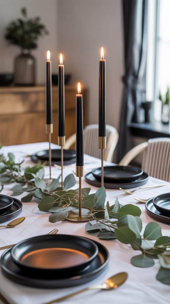 Dramatic fall table with black taper candles in metallic holders, eucalyptus greenery, and matte black dinnerware