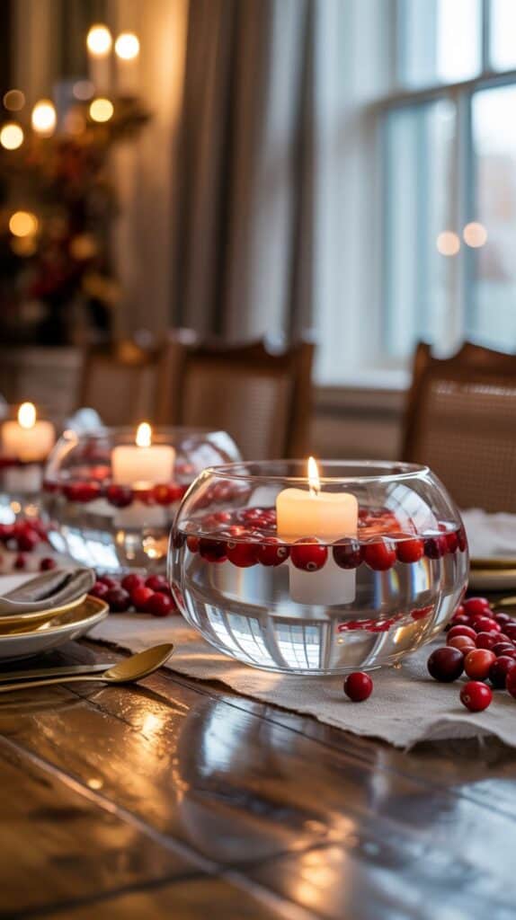 Elegant fall centerpiece with floating candles in glass bowls filled with cranberries, paired with crystal glasses