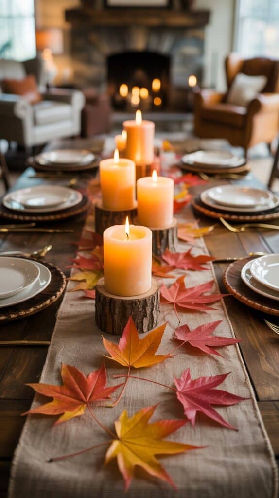 Fall table decorated with ivory pillar candles on rustic wood holders, burlap runner, and dried leaves