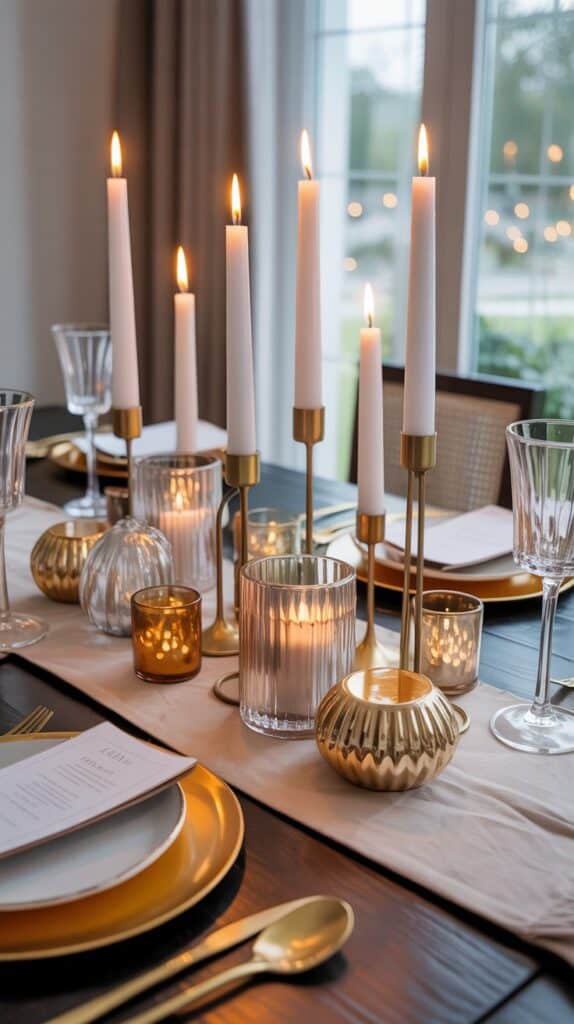 Eclectic autumn tablescape featuring mixed metallic candle holders in gold, silver, and bronze with glowing candles