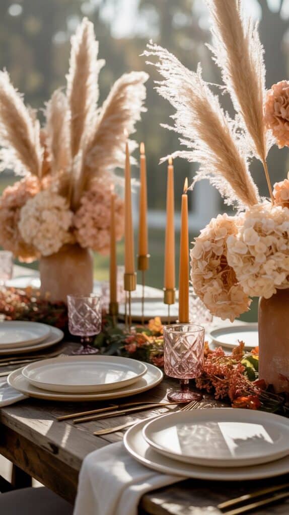Boho fall tablescape with taper candles, dried pampas grass, hydrangeas, and textured ceramic dinnerware