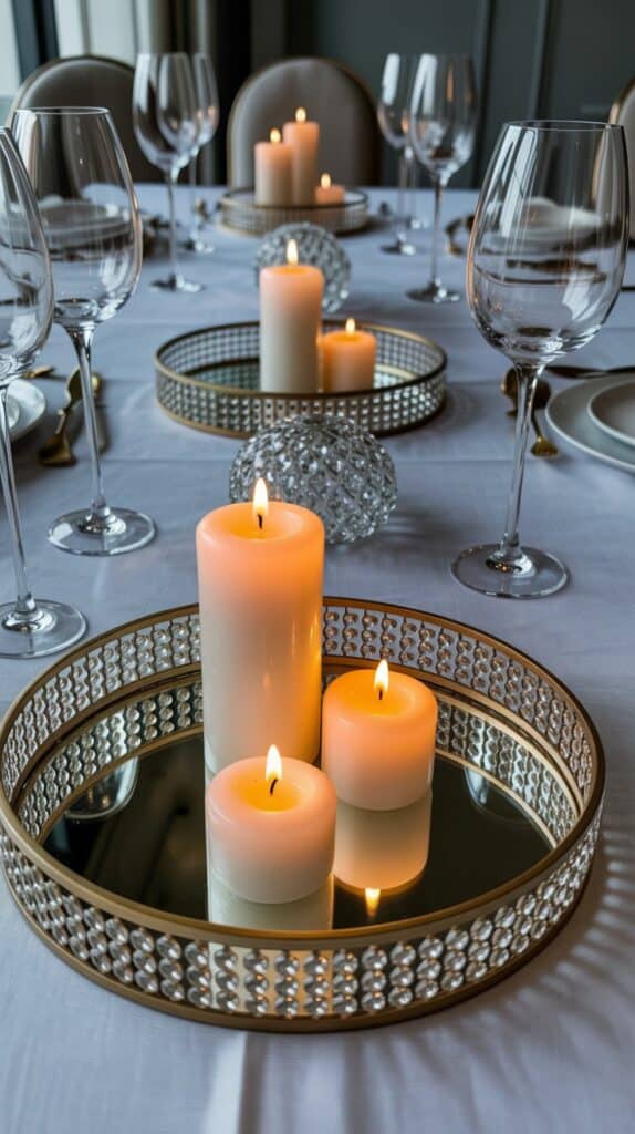 Chic fall tablescape with mirrored trays, layered pillar candles, crystal accents, and a white linen tablecloth