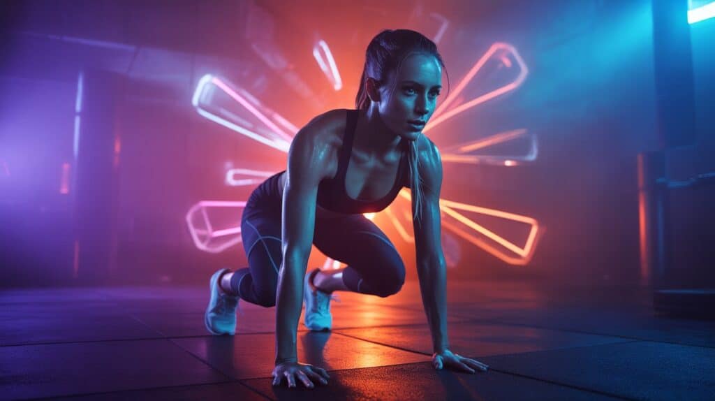 A woman performing a burpee in a neon-lit gym, sweat visible, with glowing abstract fragments around her symbolizing stress release through high-intensity workouts