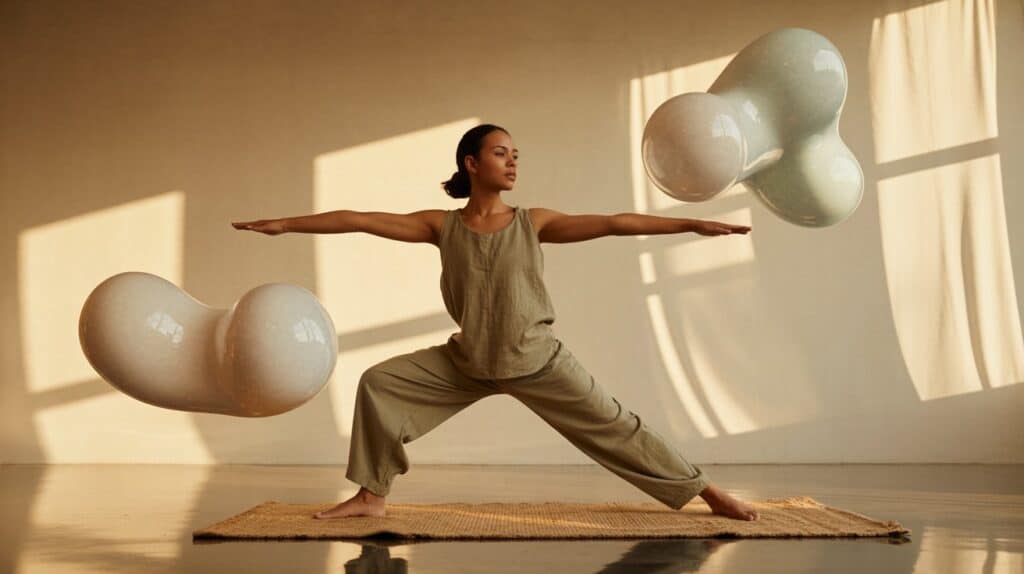 A person in Warrior Two pose on a yoga mat in a softly lit studio, surrounded by subtle floating shapes representing calm thoughts, creating a peaceful and balanced atmosphere