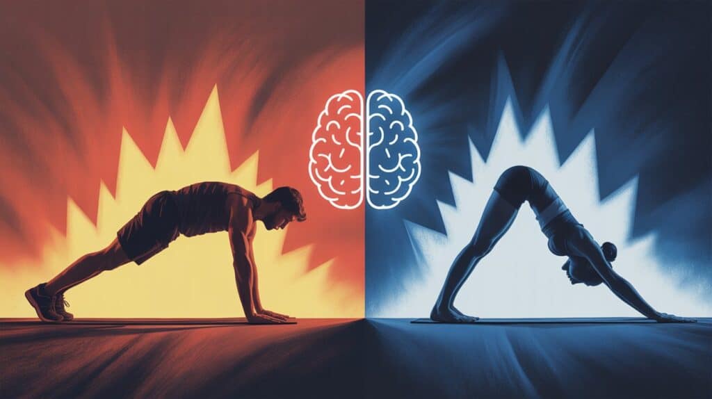 Split-screen image comparing fitness styles — on one side, a man doing mountain climbers with fiery warm tones, and on the other, a woman in downward dog with cool blue tones, with a glowing brain icon in the center symbolizing mental health balance